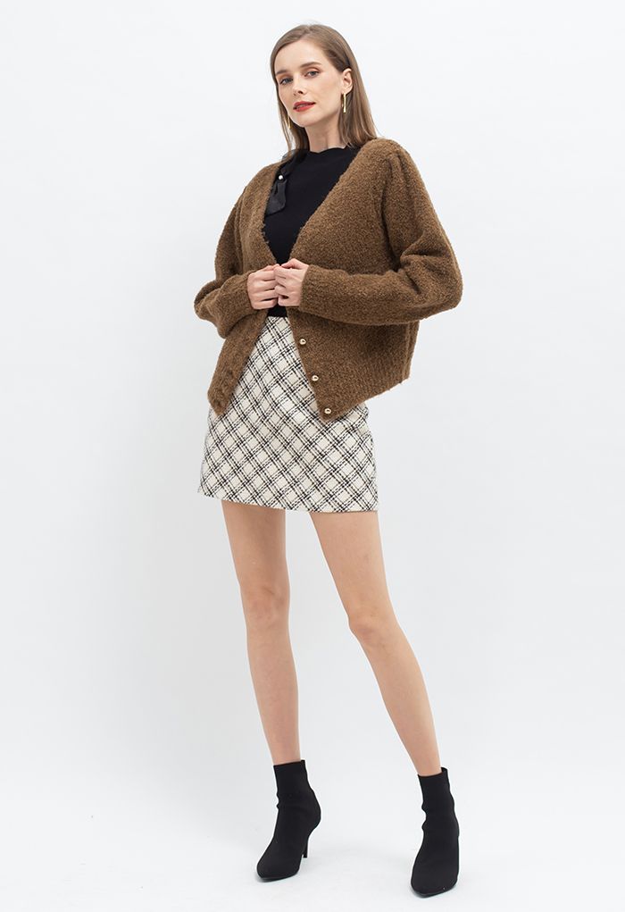 Button Front Fuzzy Knit Cardigan in Brown