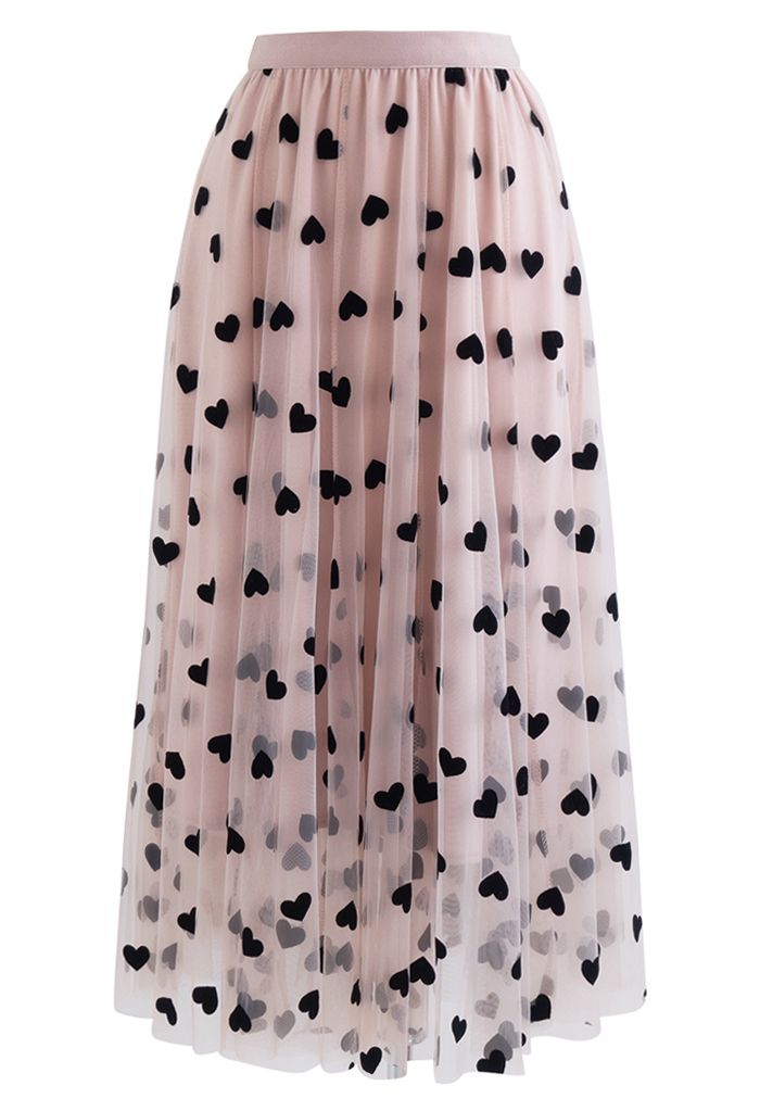 3D Heart Double-Layered Mesh Maxi Skirt in Blush Pink