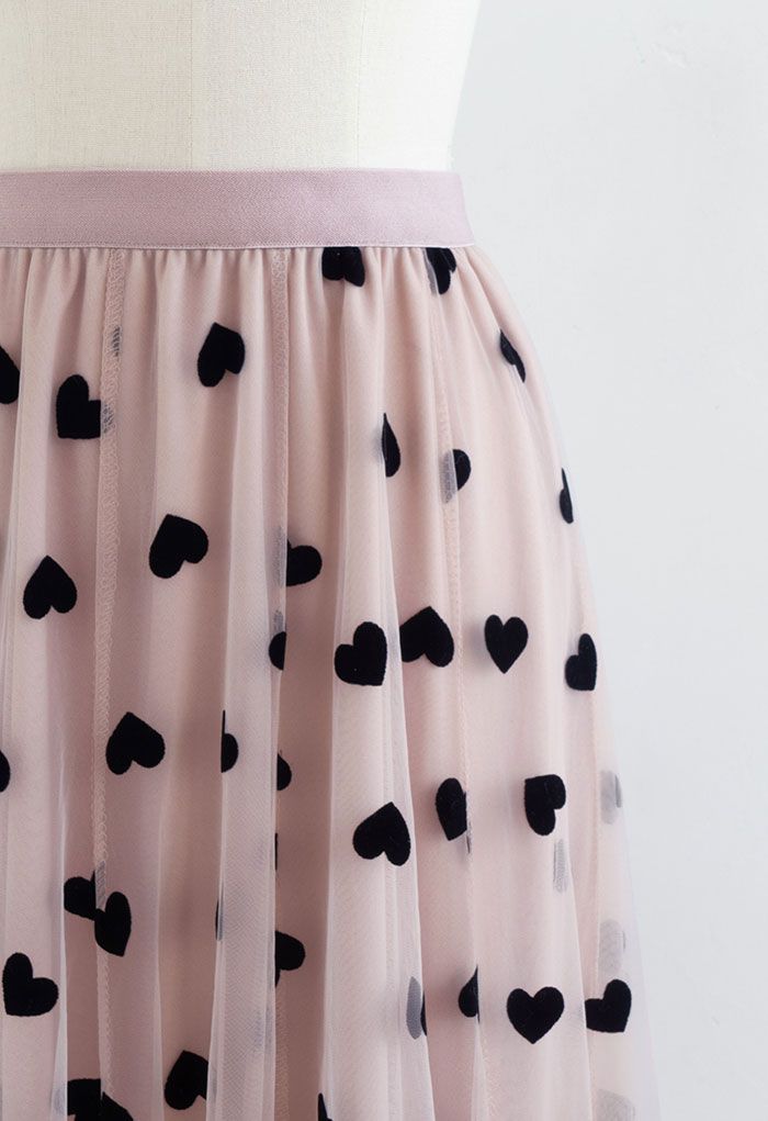 3D Heart Double-Layered Mesh Maxi Skirt in Blush Pink