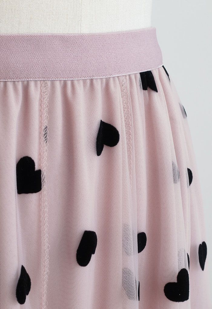 3D Heart Double-Layered Mesh Maxi Skirt in Blush Pink