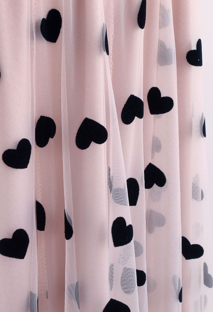 3D Heart Double-Layered Mesh Maxi Skirt in Blush Pink