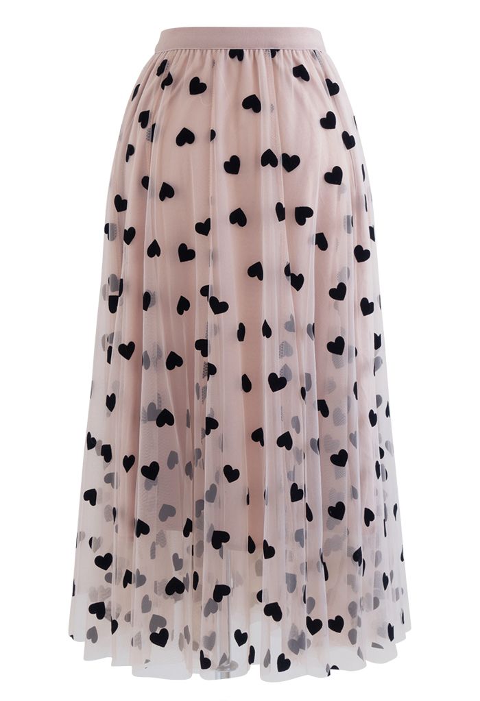 3D Heart Double-Layered Mesh Maxi Skirt in Blush Pink
