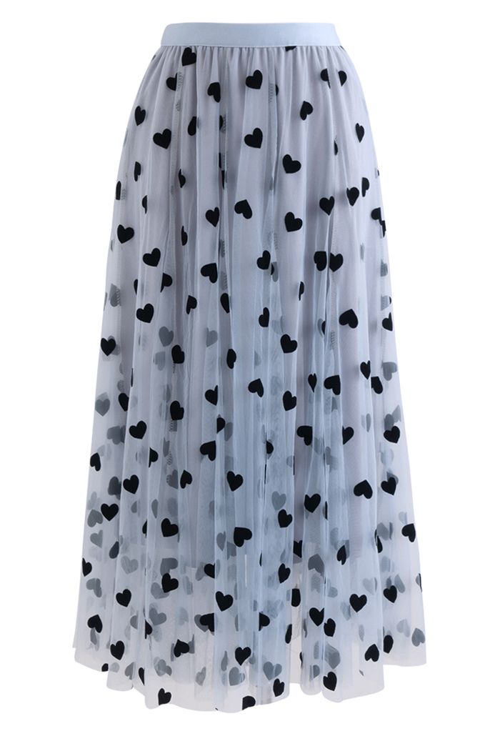 3D Heart Double-Layered Mesh Maxi Skirt in Blue