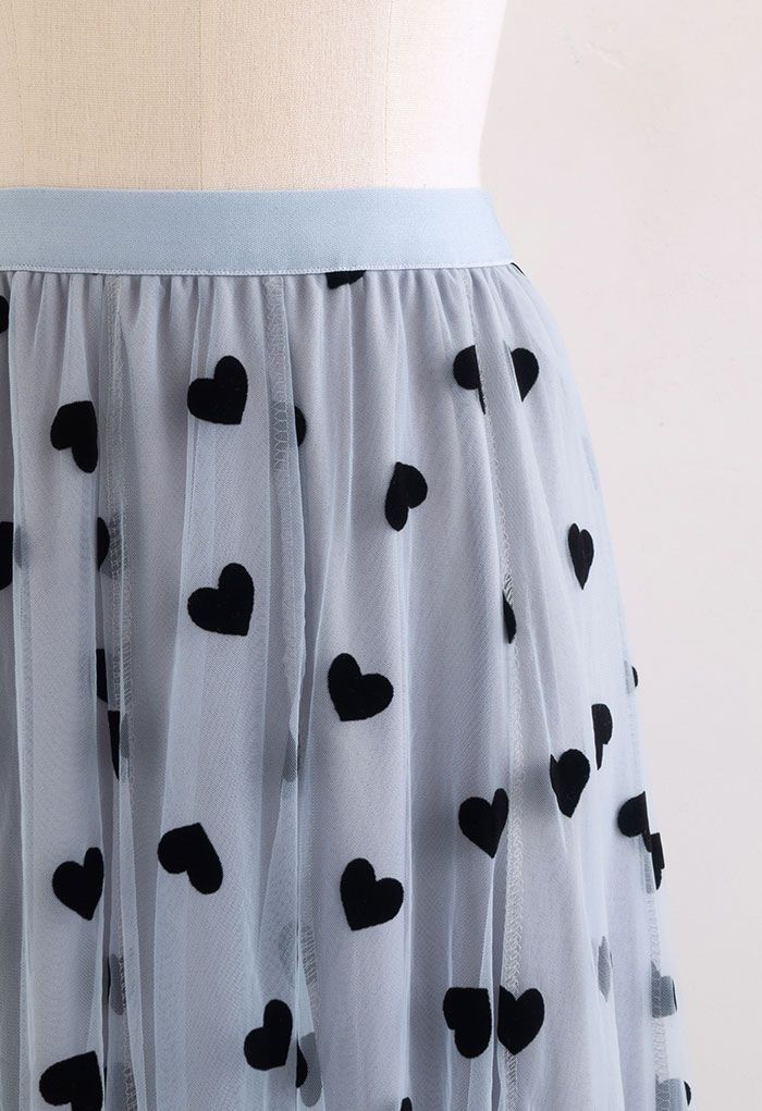 3D Heart Double-Layered Mesh Maxi Skirt in Blue