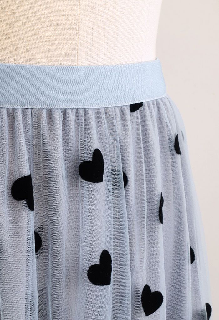 3D Heart Double-Layered Mesh Maxi Skirt in Blue