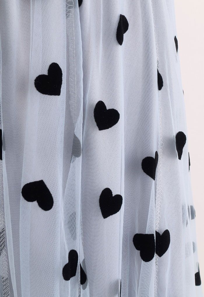 3D Heart Double-Layered Mesh Maxi Skirt in Blue