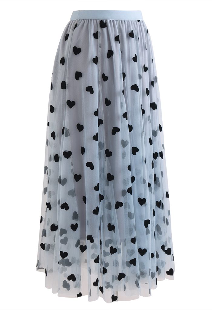 3D Heart Double-Layered Mesh Maxi Skirt in Blue