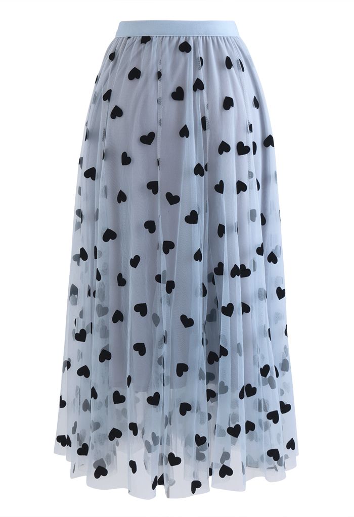 3D Heart Double-Layered Mesh Maxi Skirt in Blue