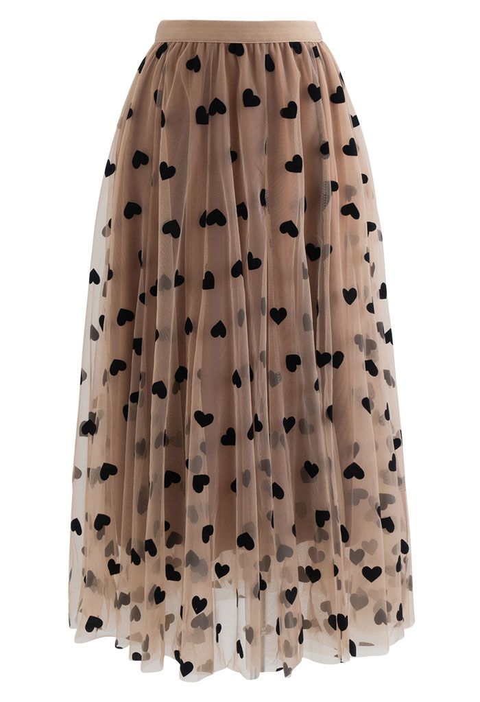 3D Heart Double-Layered Mesh Maxi Skirt in Caramel