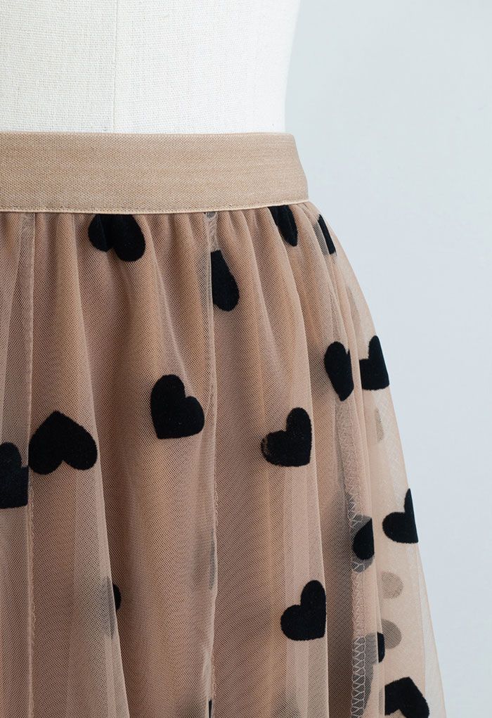 3D Heart Double-Layered Mesh Maxi Skirt in Caramel