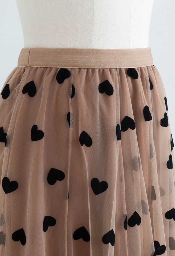 3D Heart Double-Layered Mesh Maxi Skirt in Caramel