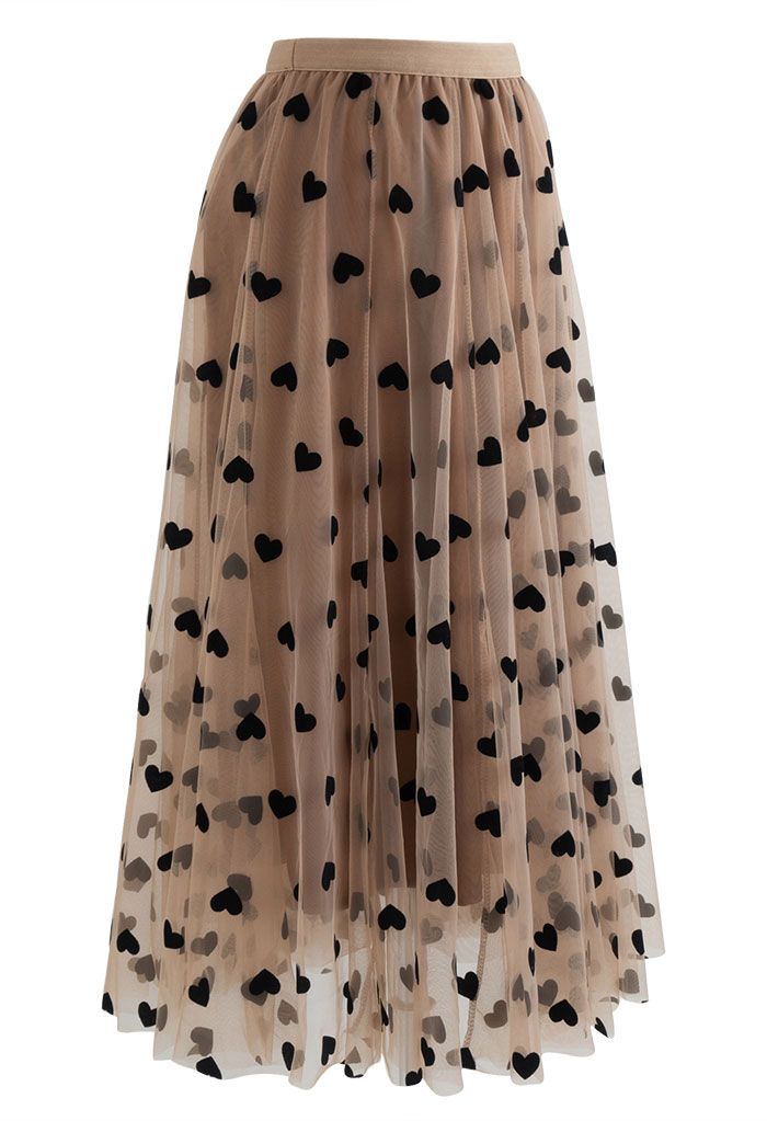 3D Heart Double-Layered Mesh Maxi Skirt in Caramel