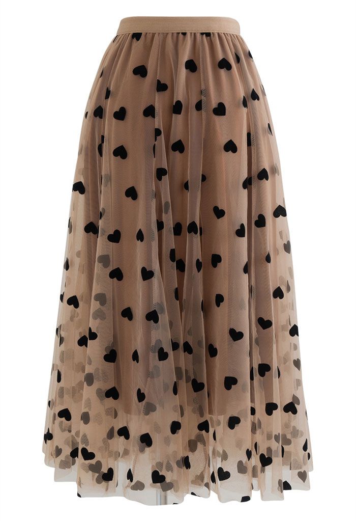 3D Heart Double-Layered Mesh Maxi Skirt in Caramel