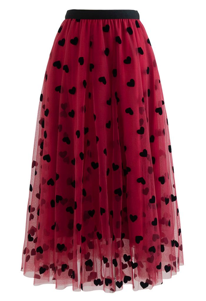 3D Heart Double-Layered Mesh Maxi Skirt in Red