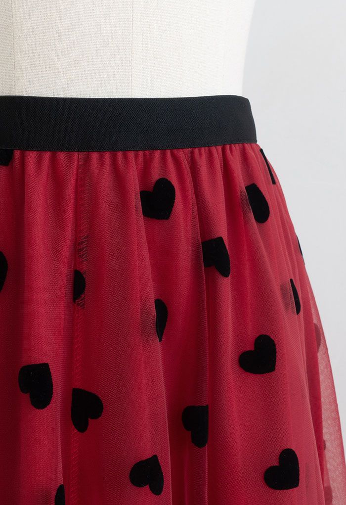 3D Heart Double-Layered Mesh Maxi Skirt in Red