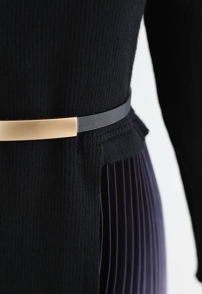 Gradient Pleated Splicing Belted Knit Dress in Black