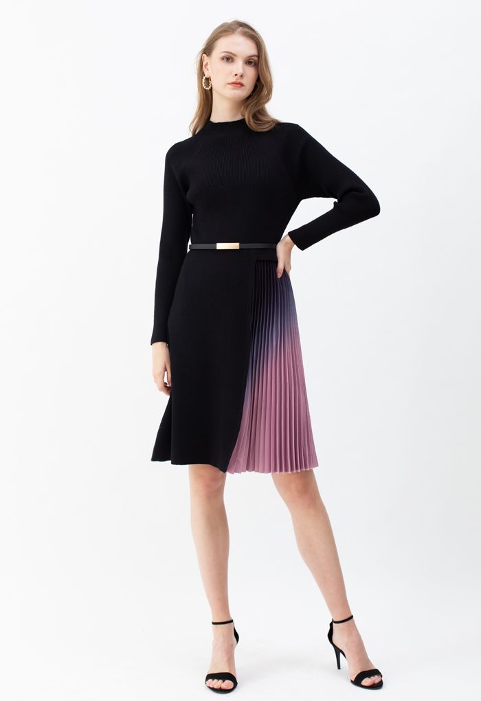 Gradient Pleated Splicing Belted Knit Dress in Black