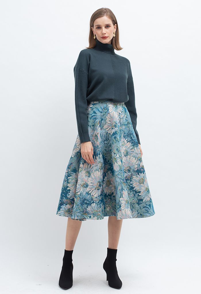 Marguerite Oil Painting Jacquard Midi Skirt