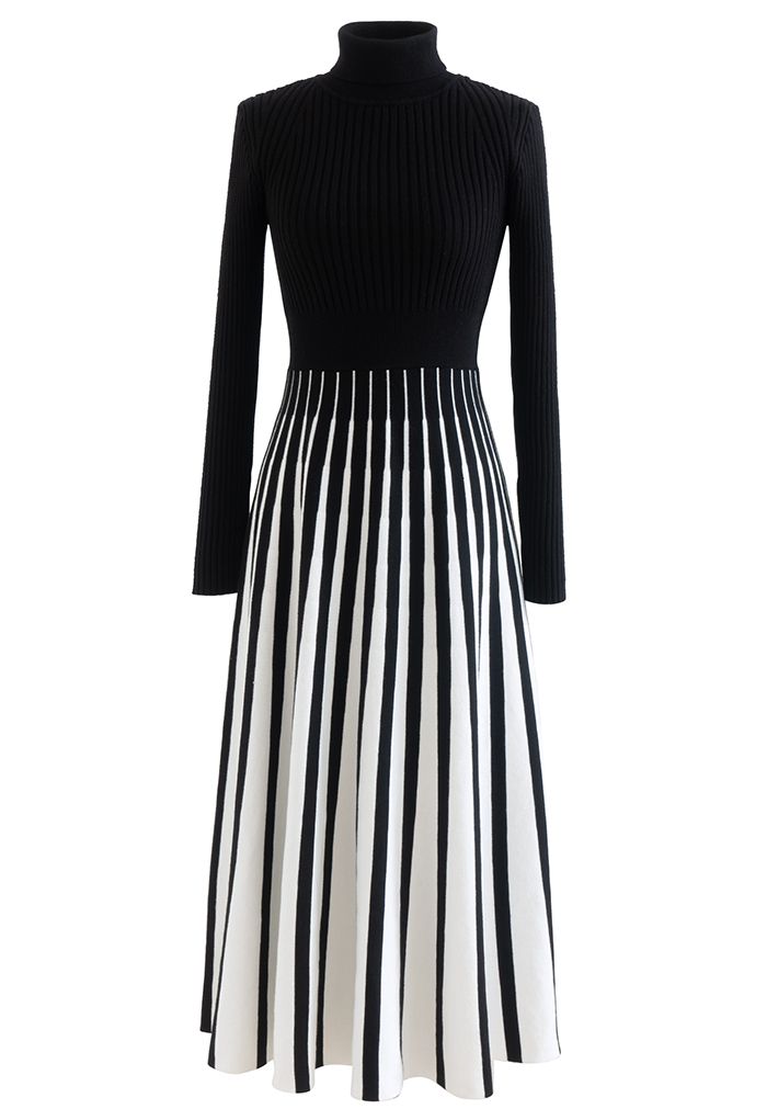 Stripe Print Turtleneck Knit Midi Dress