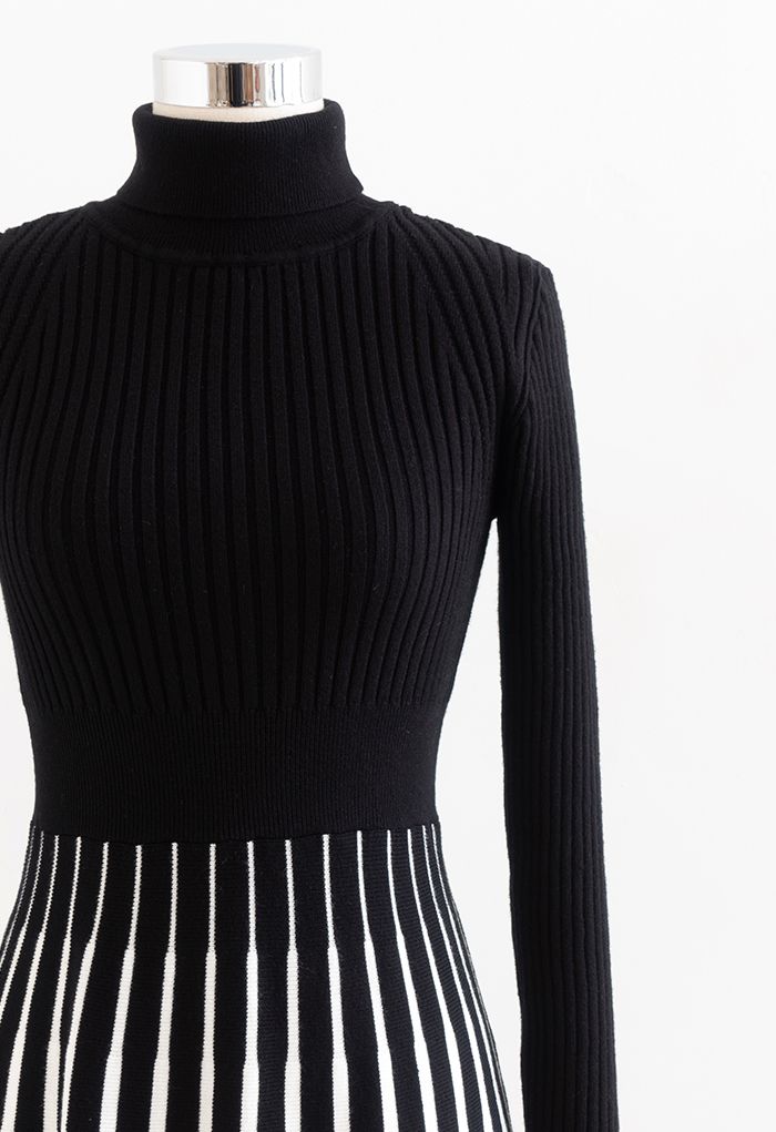 Stripe Print Turtleneck Knit Midi Dress