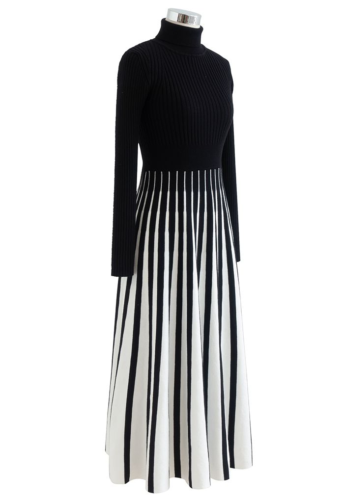 Stripe Print Turtleneck Knit Midi Dress