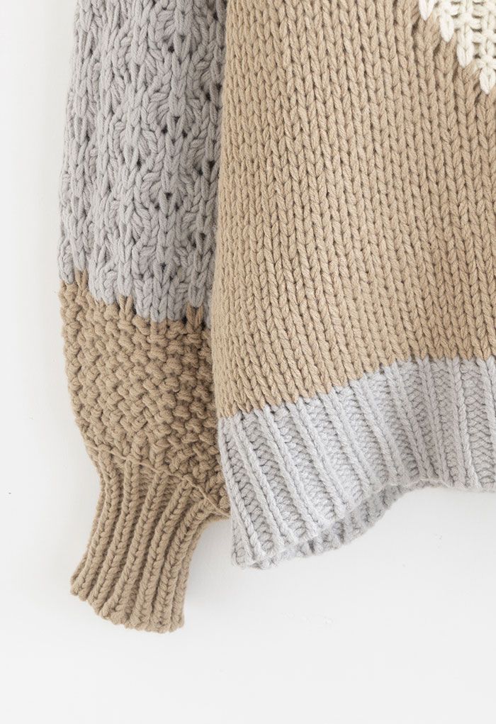 Color Block Hand-Knit Chunky Sweater in Light Tan