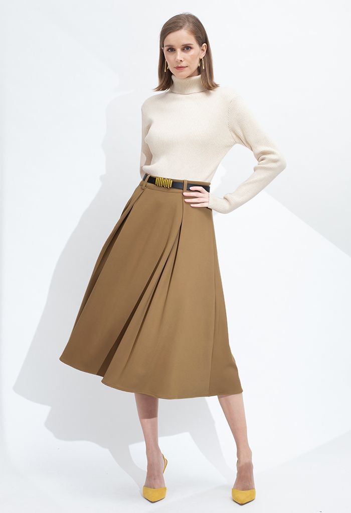 Versatile A-Line Belted Midi Skirt in Tan