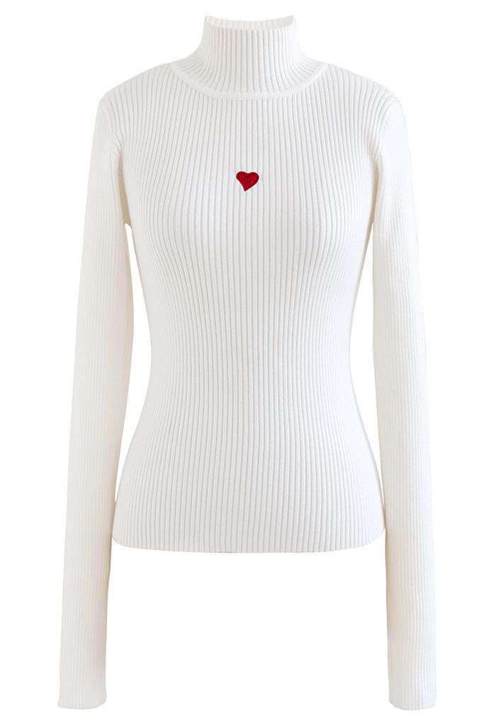 Little Heart High Neck Fitted Knit Top in White