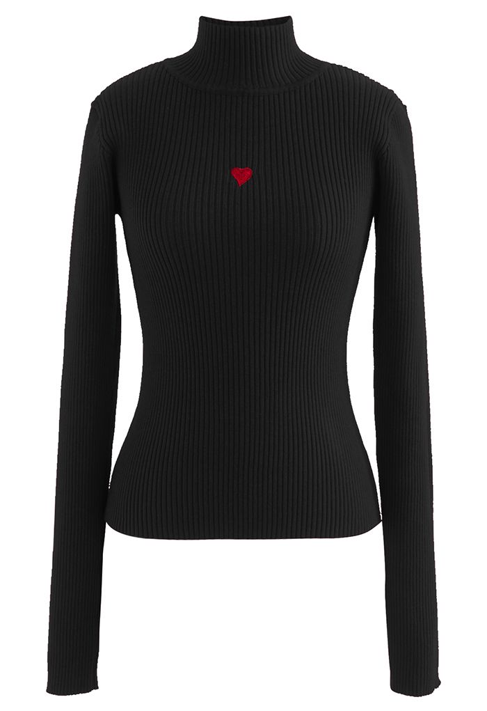 Little Heart High Neck Fitted Knit Top in Black