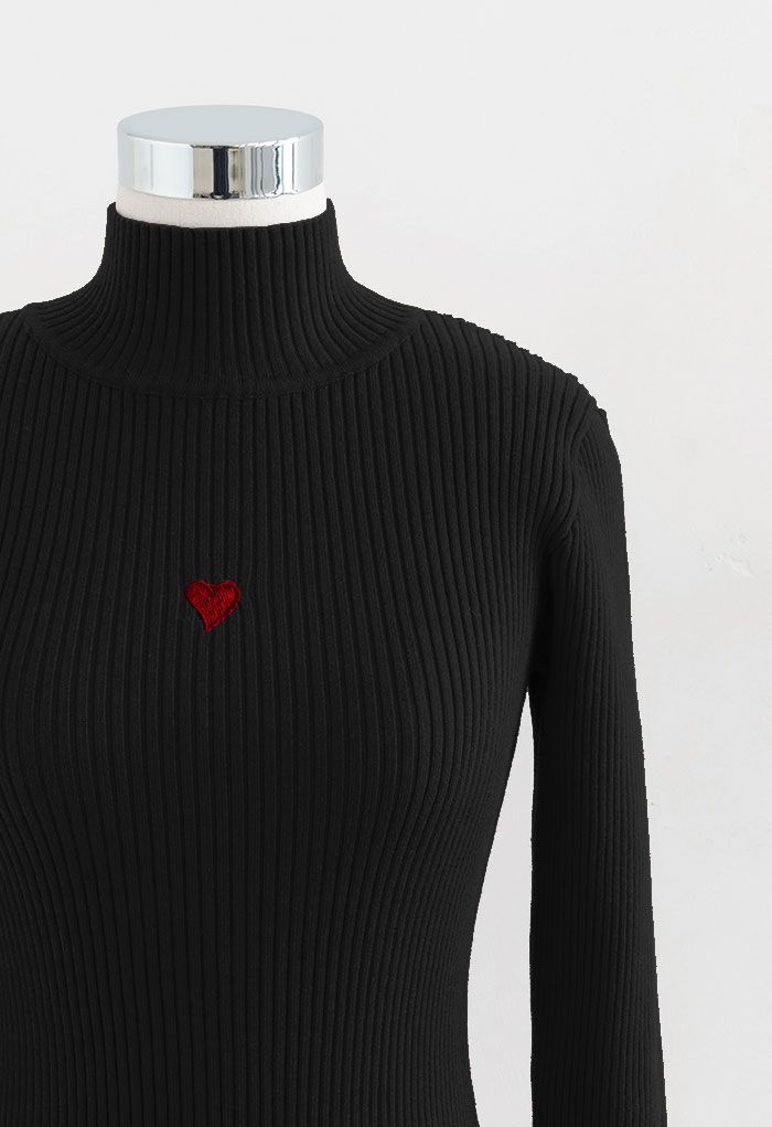 Little Heart High Neck Fitted Knit Top in Black