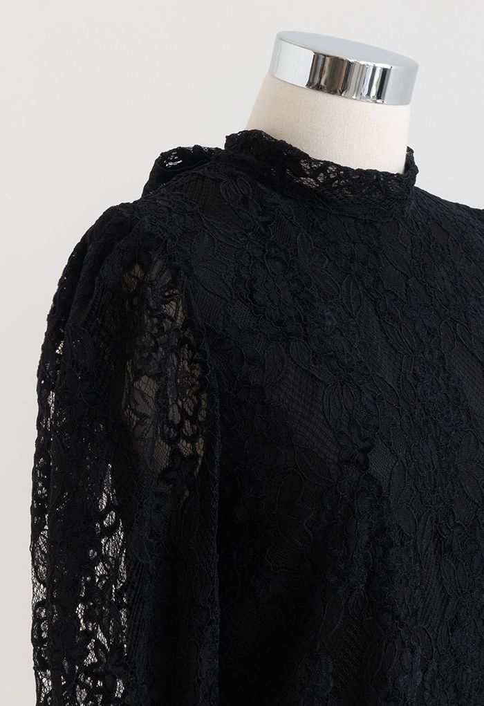 Floral Lace Puff Shoulder Bowknot Top in Black