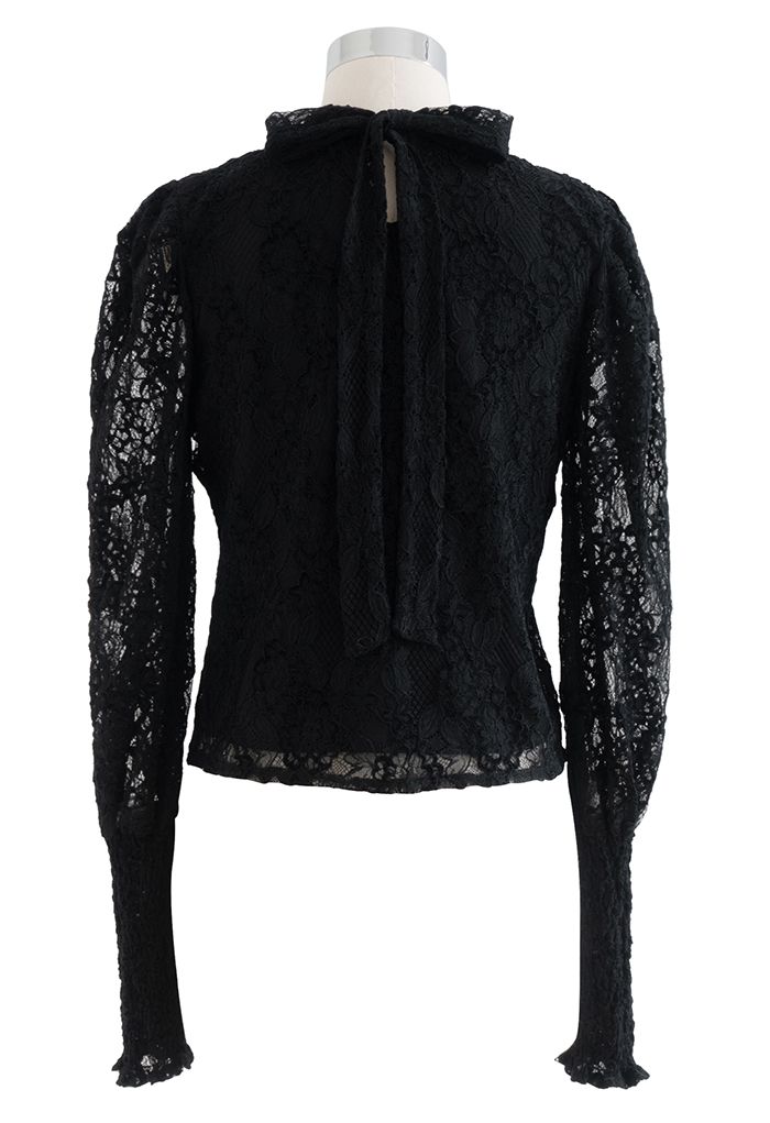 Floral Lace Puff Shoulder Bowknot Top in Black