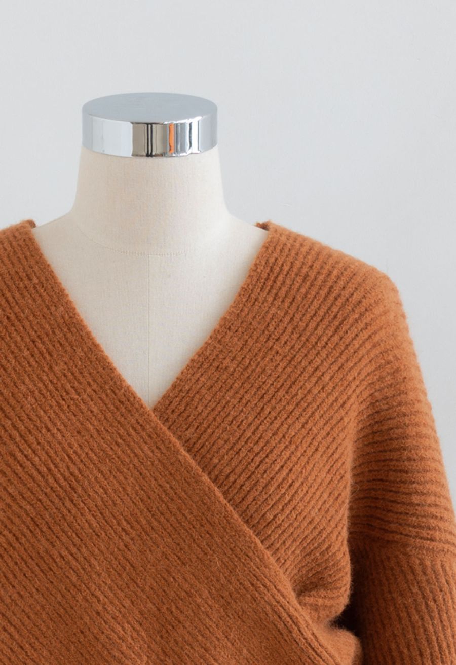 Crisscross Ribbed Knit Crop Sweater in Caramel