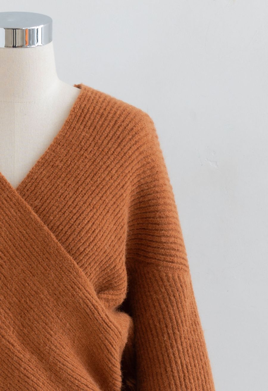 Crisscross Ribbed Knit Crop Sweater in Caramel