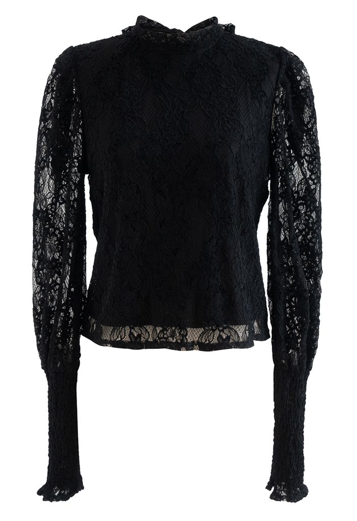 Floral Lace Puff Shoulder Bowknot Top in Black