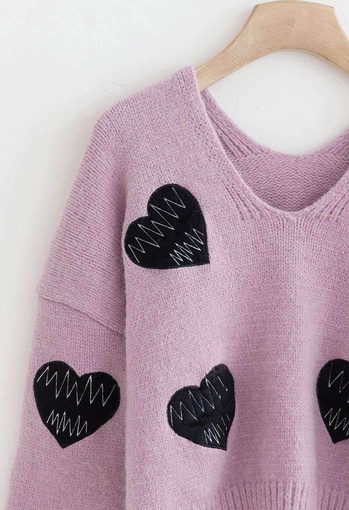Heartbeat Patch V-Neck Knit Sweater in Lilac
