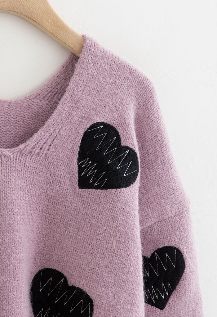 Heartbeat Patch V-Neck Knit Sweater in Lilac