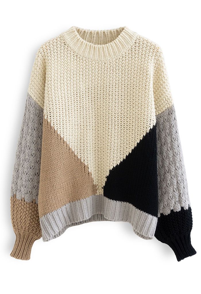 Color Block Hand-Knit Chunky Sweater in Light Tan