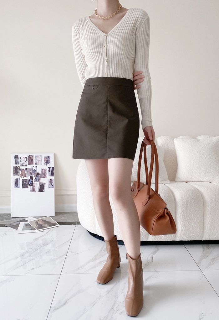 Textured Faux Leather Mini Bud Skirt in Brown