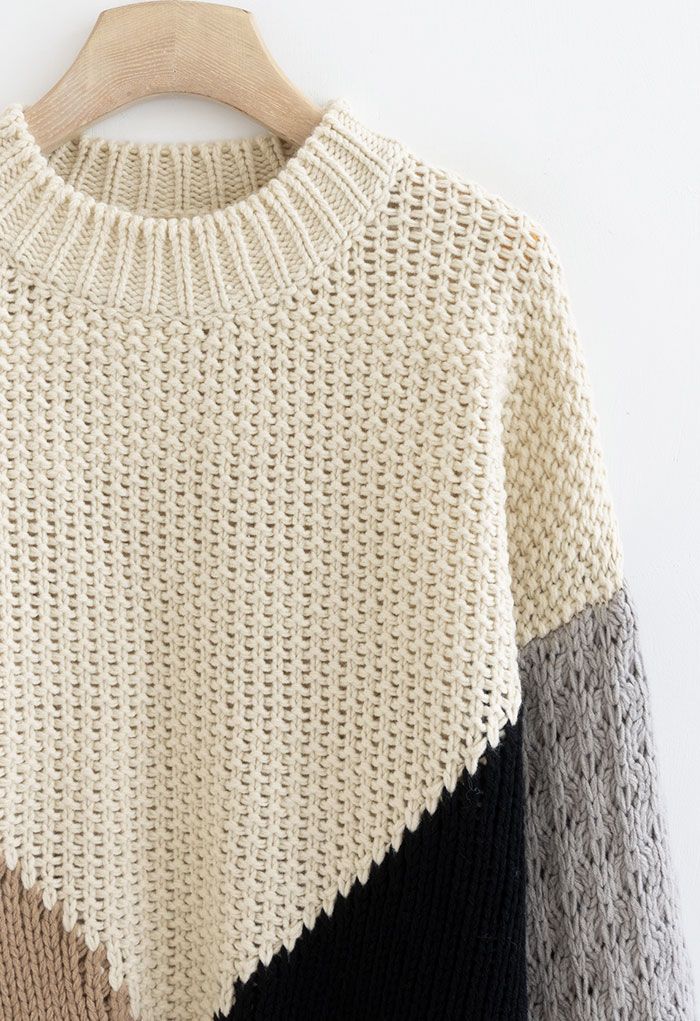 Color Block Hand-Knit Chunky Sweater in Light Tan