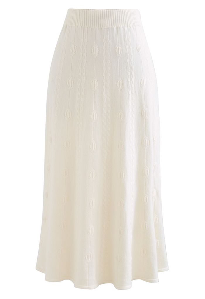 Embossed Chain A-Line Knit Skirt in Ivory
