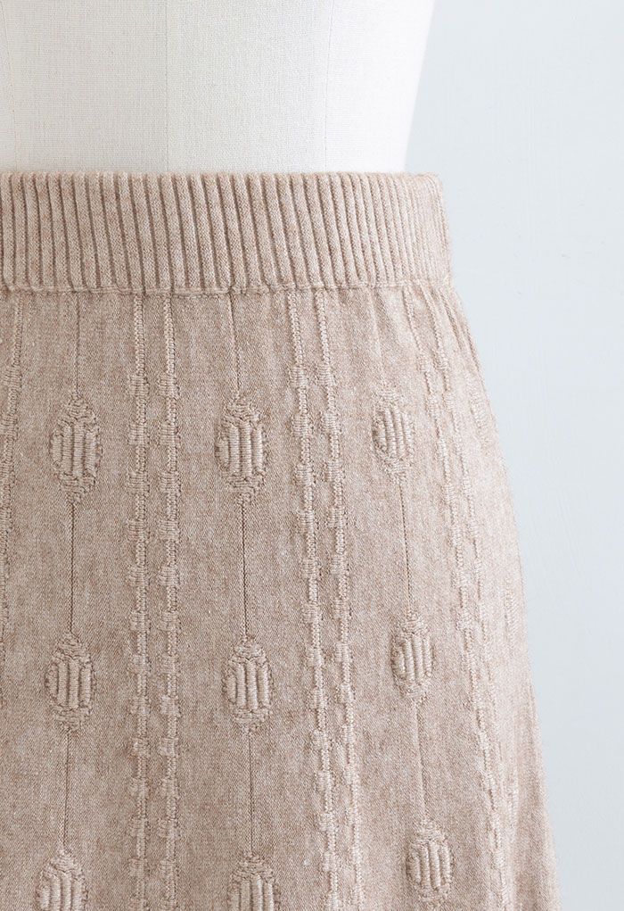 Embossed Chain A-Line Knit Skirt in Camel