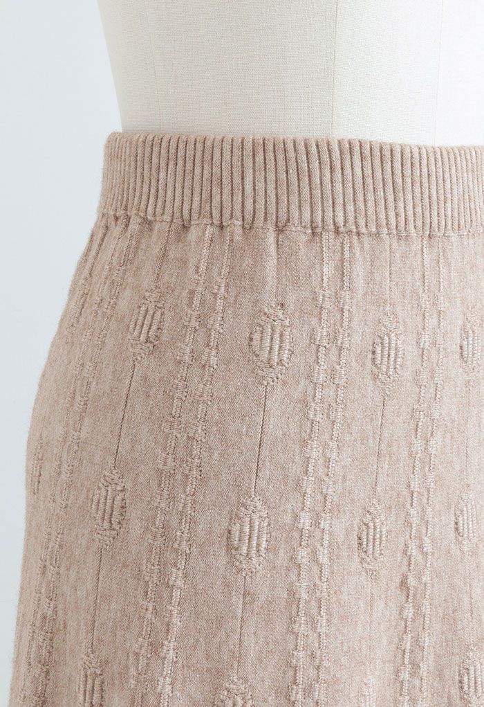 Embossed Chain A-Line Knit Skirt in Camel