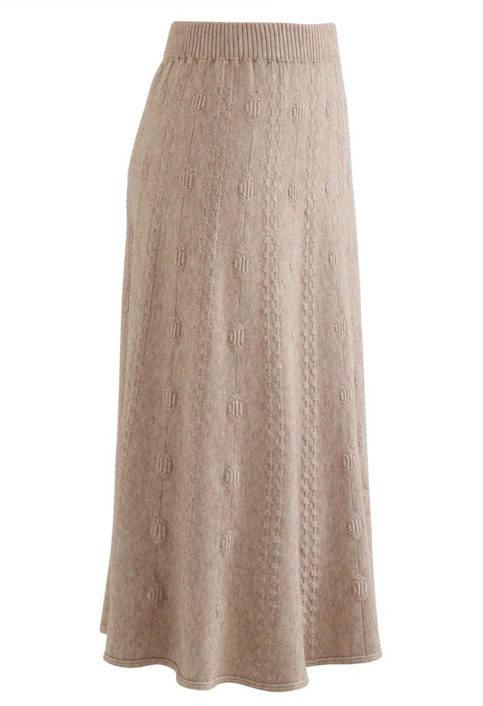 Embossed Chain A-Line Knit Skirt in Camel