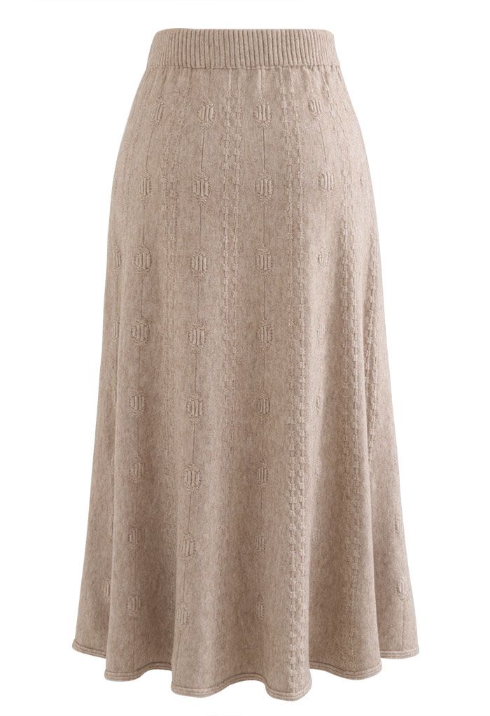 Embossed Chain A-Line Knit Skirt in Camel