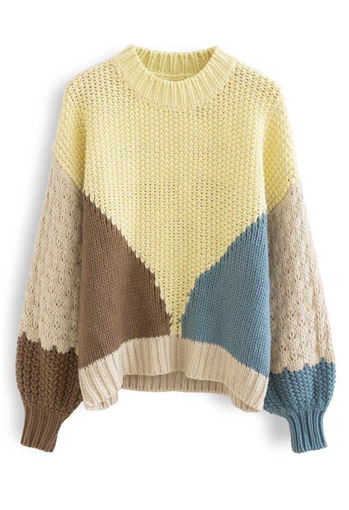 Color Block Hand-Knit Chunky Sweater in Yellow
