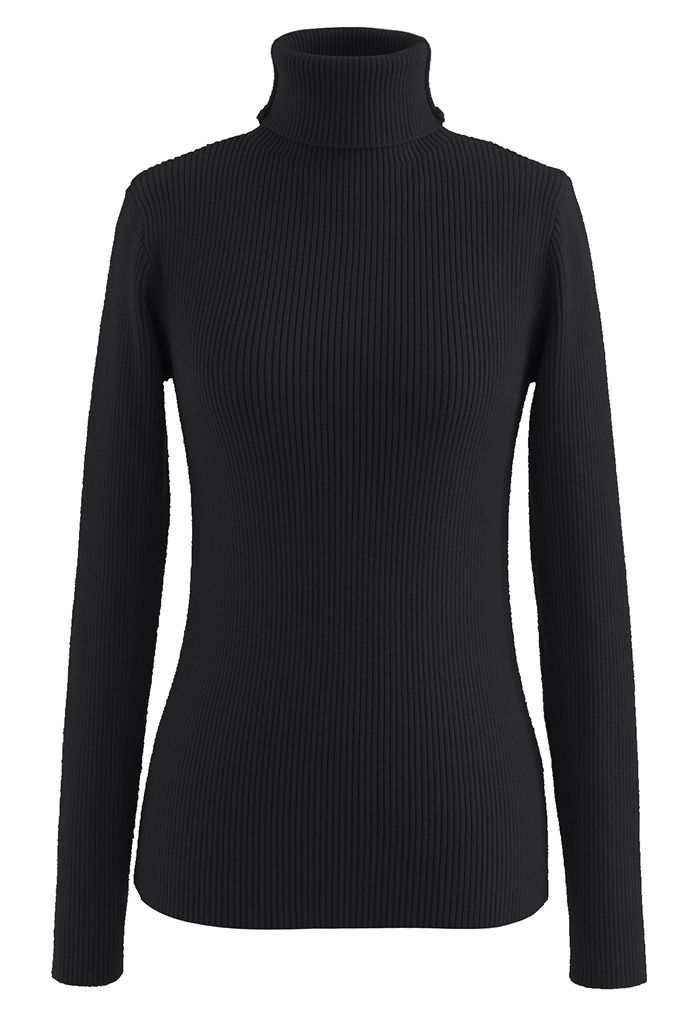 Turtleneck Long Sleeve Ribbed Knit Top in Black