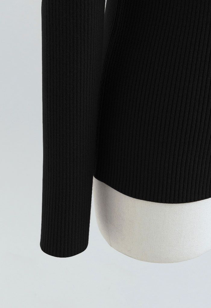 Turtleneck Long Sleeve Ribbed Knit Top in Black