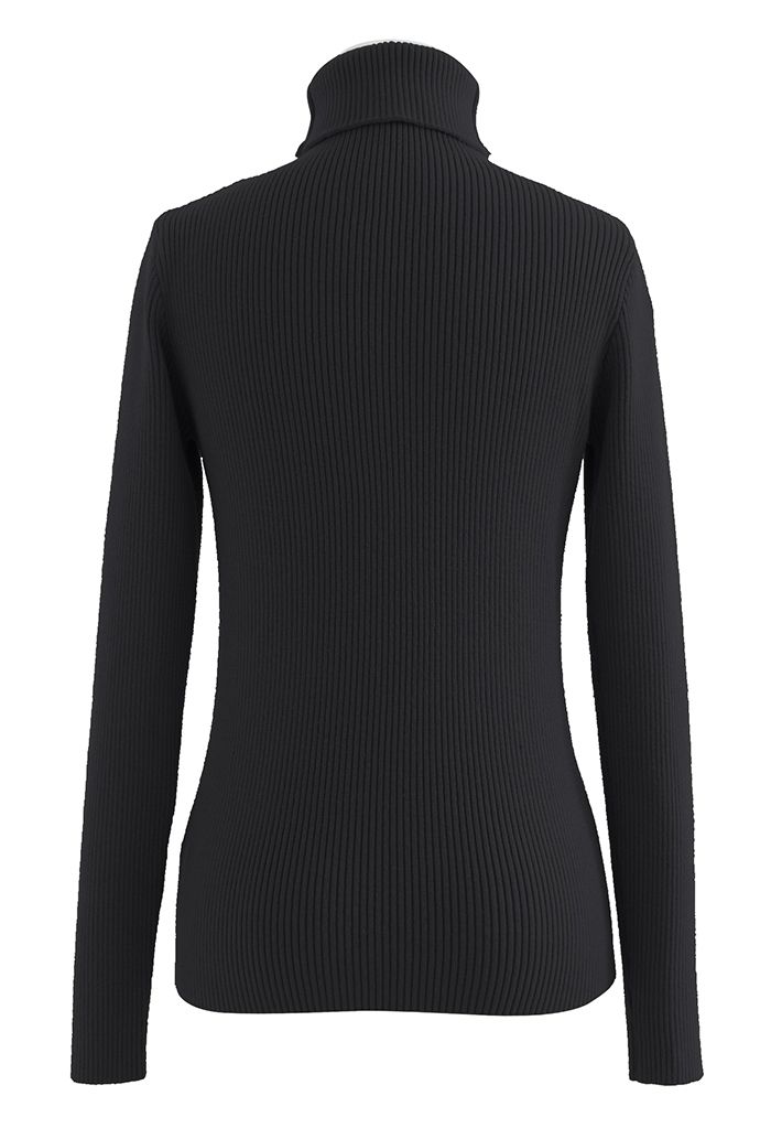 Turtleneck Long Sleeve Ribbed Knit Top in Black