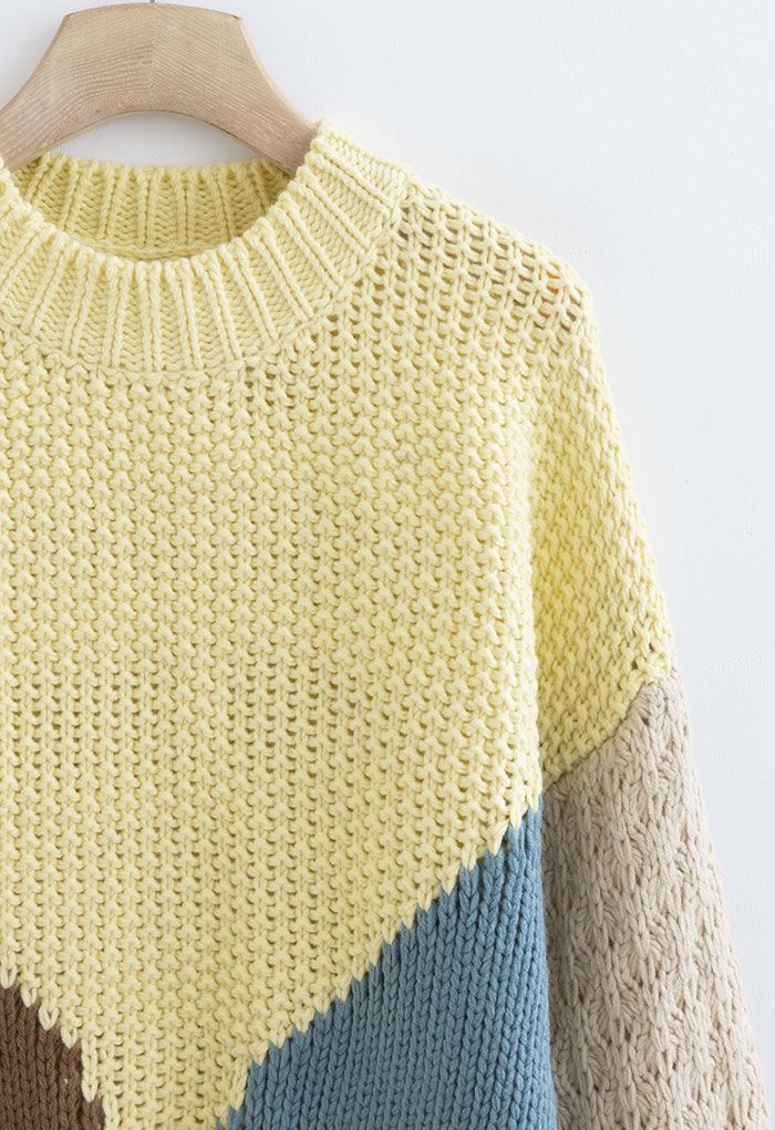 Color Block Hand-Knit Chunky Sweater in Yellow